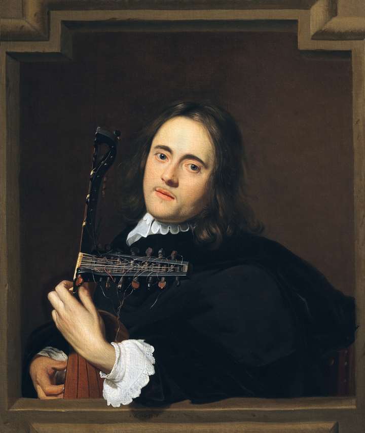 A Young Man at a Stone Window Playing a Theorbo